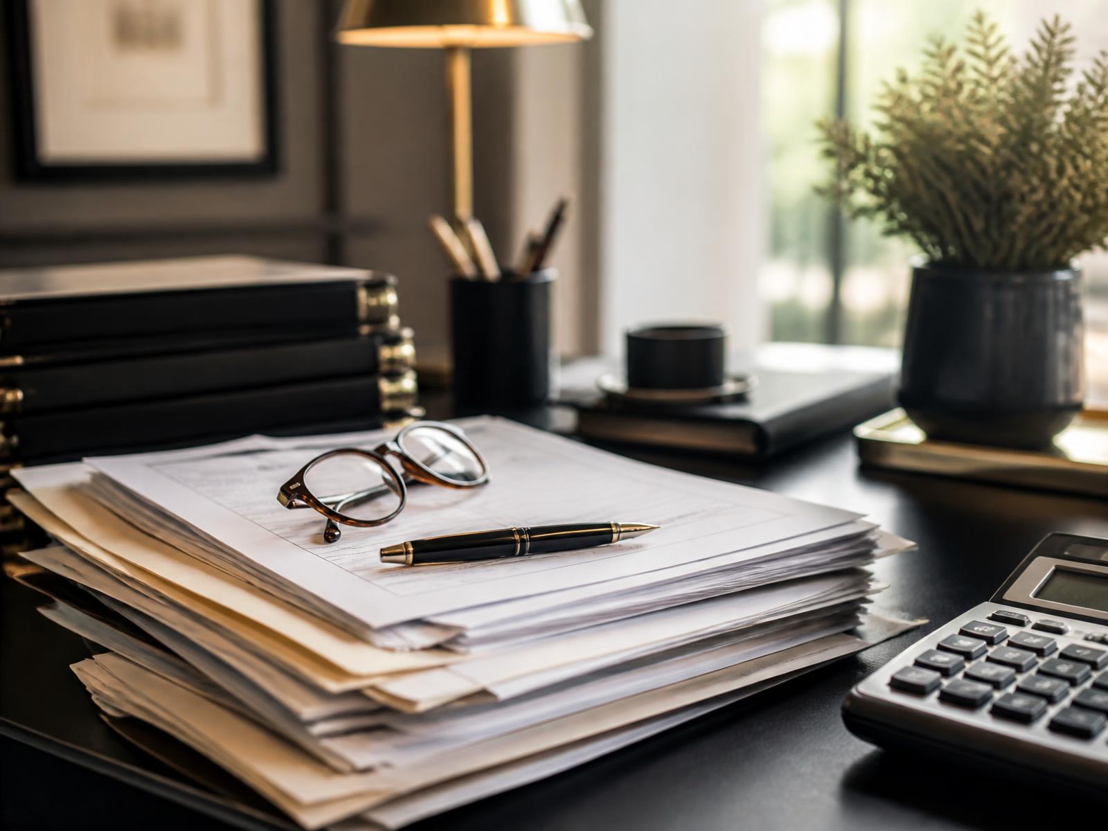 Organized tax documents, a pen, and a calculator on a tax preparer's desk